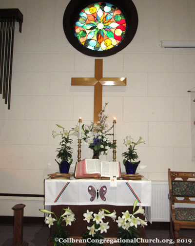 Easter altar in the Sanctuary, Collbran Congregational Church, 2019 